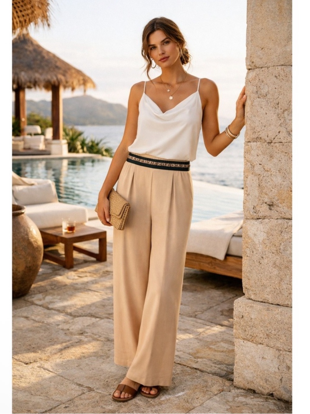 Wide-Leg Trousers with Decorative Waistband - Beige - Picture 1 of 4